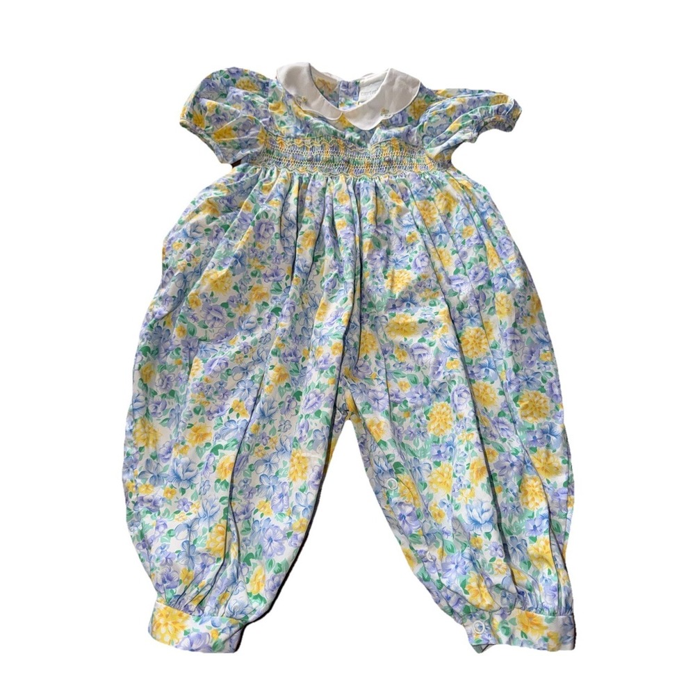 Vintage 90s Carter's Baby Floral Smocked Romper 12M Peter Pan Collar Cottage